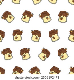 Glass pot full of honey. Seamless pattern. Bee and wooden honey dipper. Open jar. Hand drawn style. Vector drawing. Design ornaments.