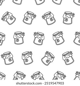 Glass pot full of honey. Seamless pattern. Coloring Page. Bee and wooden honey dipper. Open jar. Hand drawn style. Vector drawing. Design ornaments.