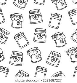 Glass pot full of honey. Seamless pattern. Coloring Page. Bee and wooden honey dipper. Open jar. Hand drawn style. Vector drawing. Design ornaments.