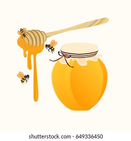 glass pot full of honey. stick dipper and fly bee isolated. vector illustration.