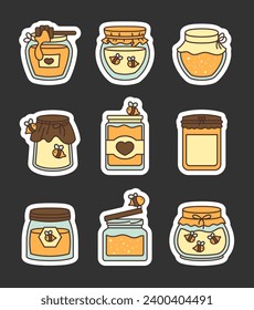 Glass pot full of honey. Sticker Bookmark. Bee and wooden honey dipper. Open jar. Hand drawn style. Vector drawing. Collection of design elements.