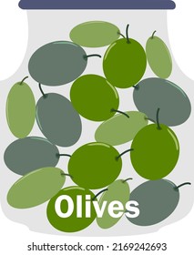 A glass pot full of olives, of different varieties and green tones
