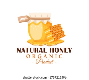 Glass pot with honey, honeycomb with drips honey isolated on white background. Honey label, logo, emblem concept. Vector illustration
