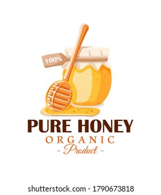 Glass pot with honey, spoon with drips honey isolated on white background. Honey label, logo, emblem concept. Vector illustration