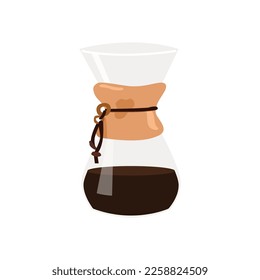glass pot with hot freshly brewed speciality coffee. Pour over craft coffeemaker. Alternative coffee brewing methods. Hand drawn colored trendy minimalist isolated vector illustration.