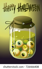 Glass pot with a potion of different kinds of eyes for Halloween. Set of vector illustration