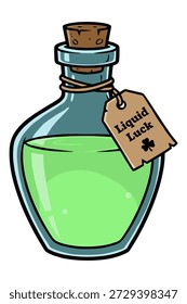 Glass potion bottle containing shimmering green liquid. Perfect for fantasy, magic, luck, or mystical themes.