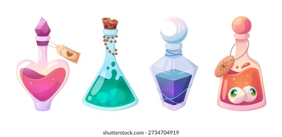 Glass potion flasks filled with mystical liquids for game UI, witch apothecary scenes or magical alchemy projects. Vibrant bottles with enchanting elixir designs. Sorcerer toxic elixir with cork set.