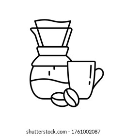 Glass pour over coffee maker with filter, cup, coffee beans. Freshly brewed coffee, morning drink. Black coffee shop menu icon. Line art symbol. Contour isolated vector illustration, white background