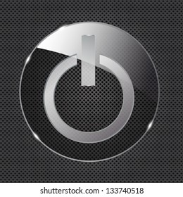 Glass power button icon on metal background. Vector illustration