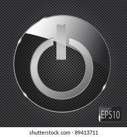 Glass power button icon on metal background. Vector illustration