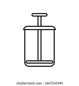 Glass with press. Line art icon of flat flask with piston. Black simple illustration of french press, squeezer, masher. Contour isolated vector image on white background. Symbol of filtration tool