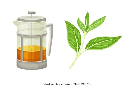 Glass Press Teapot or Kettle and Tea Leaves as Hot Aromatic Beverage Preparation Vector Set