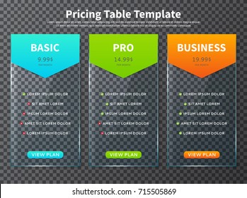 Glass pricing table templates. Design element for websites and applications with limited offer. Vector illustration with web banners with three plan type - Basic, Pro and Business.