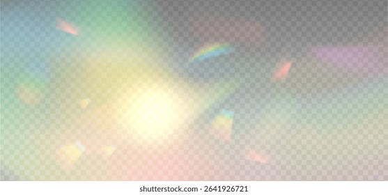 Glass prism light reflection background. Abstract diamond caustics, lens illumination effect and colorful crystal flare overlay . Glowing bright rays and colorful light effects. Vector