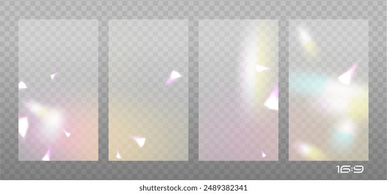 Colección de fondos de reflexión de luz de prisma de vidrio. Abstractas cáustica de diamante, efectos de iluminación de lentes y colorido conjunto de superposición de destellos de cristal. Rayos brillantes brillantes y efectos de luz colorida. Vector