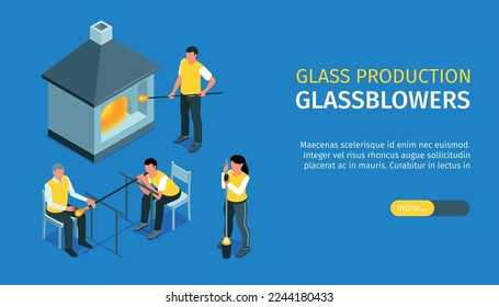 Glass production horizontal banner with glassblowers male and female characters near melting furnace isometric vector illustration