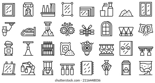 Glass production icons set outline vector. Raw manufacturing. Window supply