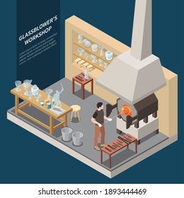 Composición de fondo isométrica de la producción de vidrio con carácter humano del soplador de vidrio y visión de sus instalaciones de taller ilustración vectorial