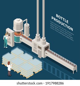 Glass production isometric background with composition of editable text view of industrial conveyor line and workers vector illustration