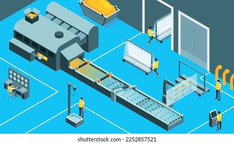Glass production isometric background illustrated factory floor with control panel and conveyor vector illustration