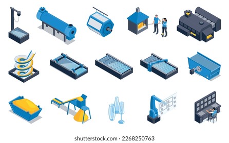 Glass production isometric color set of equipment for fine cleaning sand filtration and washing wacuum lift isolated vector illustration