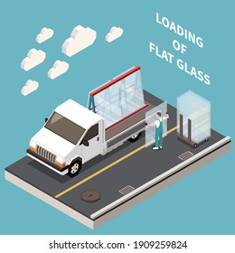 Glass production isometric composition with editable text and worker in uniform loading window glass onto truck vector illustration