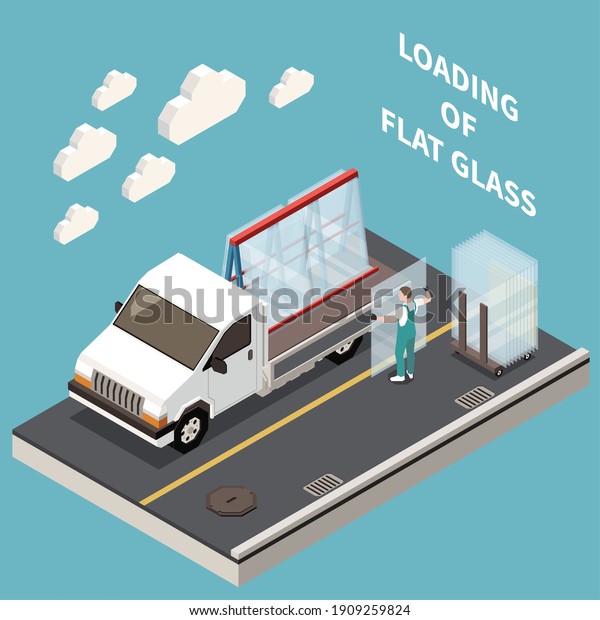 Glass production isometric composition with\
editable text and worker in uniform loading window glass onto truck\
vector illustration