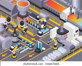 Glass production isometric composition with industrial scenery and automatic conveyors of production machines with raw materials vector illustration