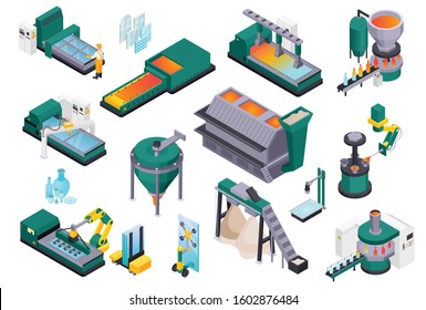 Glass production isometric composition with isolated images of glassworks industrial facilities and machinery on blank background vector illustration