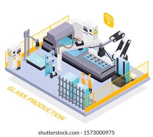 Glass production isometric composition of text and platform with images of remotely controlled intelligent production machine vector illustration