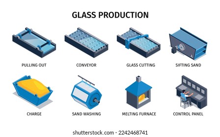 Glass production isometric icons depicting washing and sifting sand melting furnace conveyor pulling out isolated vector illustration