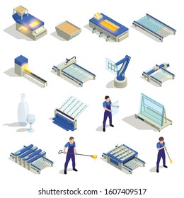 Glass production isometric icons set with furnace materials melting casting blowing cooling cutting sheets glassware vector illustration 