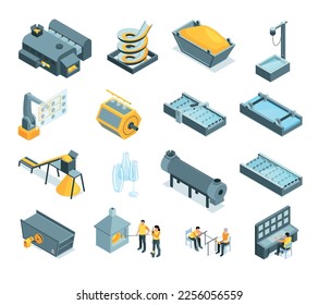 Glass production isometric set of equipment for washing and sifting sand blowing glass pulling out and cutting isolated vector illustration