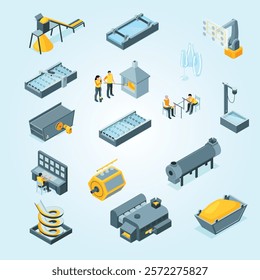 Glass production isometric set of equipment for washing and sifting sand blowing glass pulling out and cutting isolated vector illustration