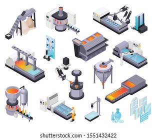 Isometrie der Glasherstellung mit isolierten Symbolen für die Herstellung von Glaswaren und Industrieproduktionen Vektorgrafik