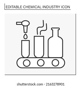  Glass Production Line Icon. Manufactures Of Flat Glass, Container, Pressed And Blown Glass, Or Wool Fiberglass. Chemical Industry Concept. Isolated Vector Illustration. Editable Stroke