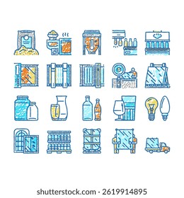 Glass Production Plant Collection doodle icons set vector. Glass Bottle Vase, Jar Light Bulb Manufacturing, Window Packaging Transportation sketch hand drawn