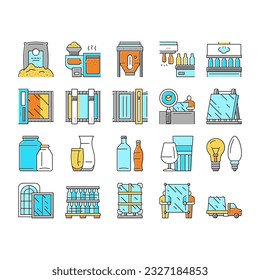 Glass Production Plant Collection Icons Set Vector. Glass Bottle And Vase, Jar And Light Bulb Manufacturing, Window Packaging And Transportation Concept Linear Pictograms. Contour Color Illustrations