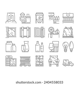 Glass Production Plant Collection Icons Set Vector. Glass Bottle And Vase, Jar And Light Bulb Manufacturing, Window Packaging And Transportation Black Contour Illustrations