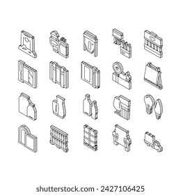 Glass Production Plant Collection isometric icons set. Glass Bottle And Vase, Jar And Light Bulb Manufacturing, Window Packaging And Transportation Concept