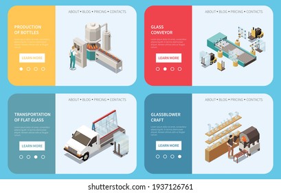 Glass production set of four horizontal banners with clickable buttons editable text and images of facilities vector illustration