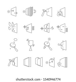 Glass properties isolated outline icons, material features linear symbols vector. Heat reflection and uv protection, glare and transparency, fragile sign. Strength and flammability, reflective surface