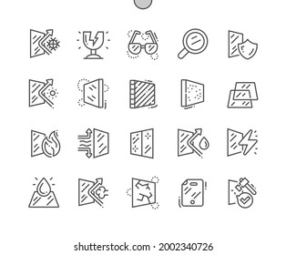 Glass properties. Glass for windows. Broken glass. Fragile glass. Pixel Perfect Vector Thin Line Icons. Simple Minimal Pictogram