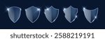 Glass protect shield isolated. Glossy transparency guard badge for secure. Realistic defense symbol template