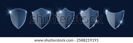 Glass protect shield isolated. Glossy transparency guard badge for secure. Realistic defense symbol template