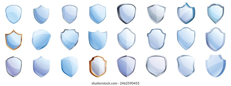 Glass protect shield vector. A collection of blue and silver shields. The shields are all different sizes and shapes. Some are large and rectangular, while others are small and circular