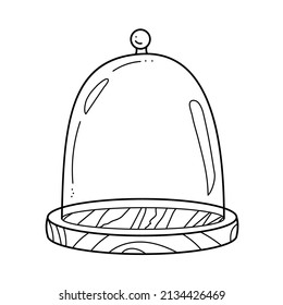 Glass Protective Dome On Wooden Stand In Sketch Doodle Style. Transparent Cover Of An Elongated Hemispherical Shape. Black Vector Illustration Isolated On White Background