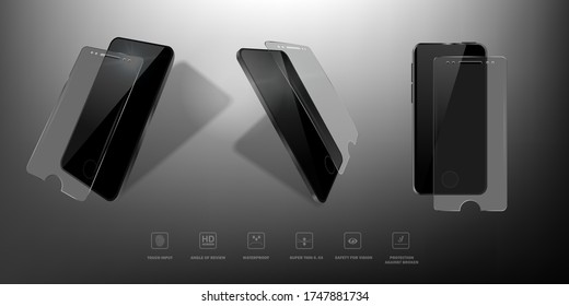 Glass protective film for smartphone from different angles. 3D illustration with transparent tempered glass and black mobile phones. Phone screen protector presentation. Vector