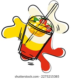 A glass with a puff milk smoothie made of mango, strawberry and mint with a straw on a white background. A cup with a background of spots in the color of fruit. Illustration for printing on the menu